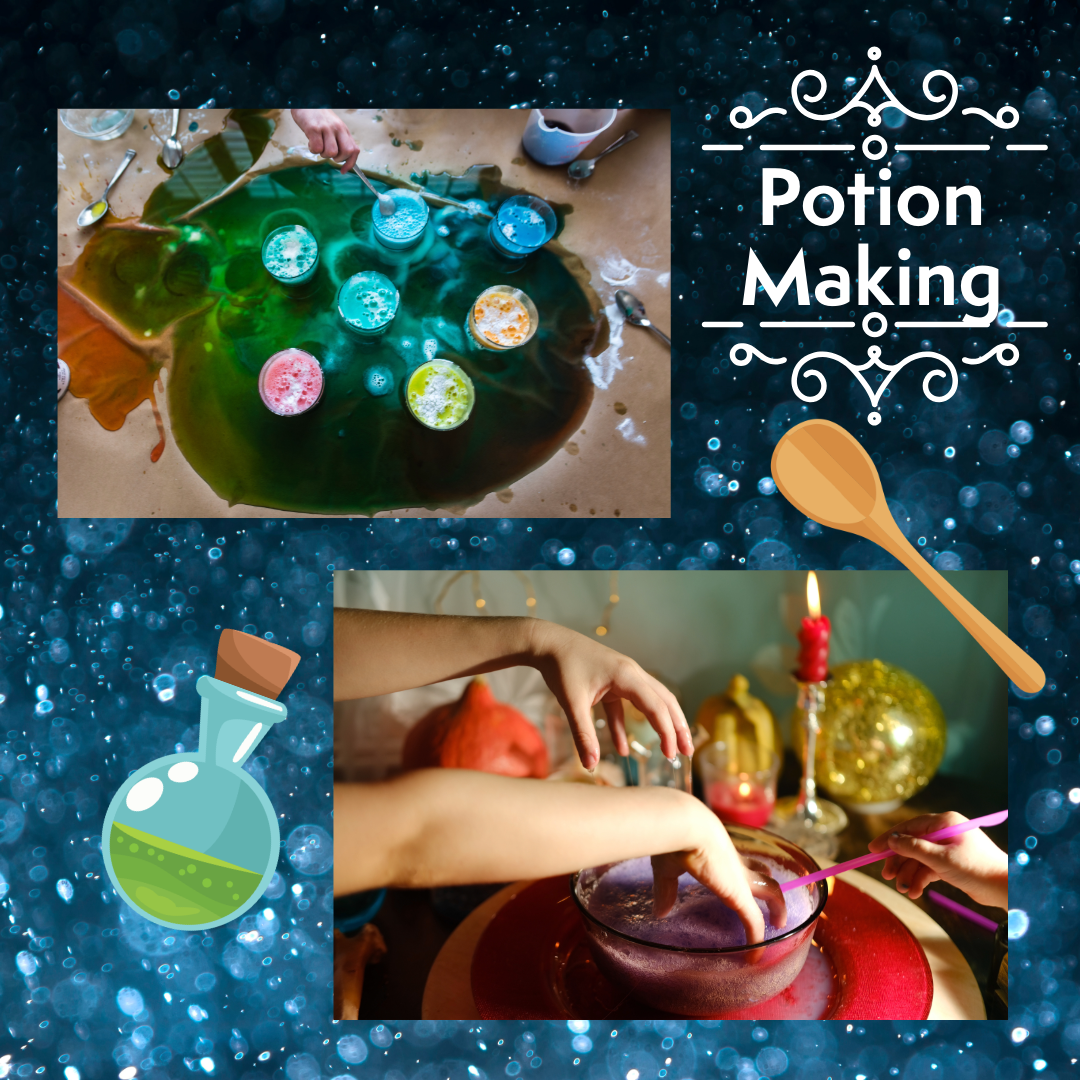 A magical potion making collage with glowing blue orbs, laboratory flasks, and hands mixing colorful liquid ingredients.