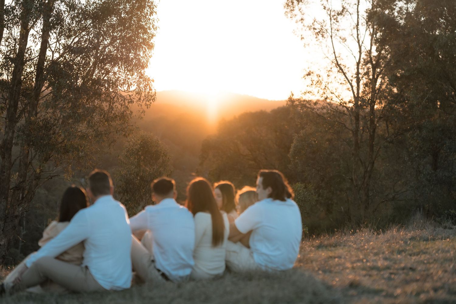 Group of people sitting together on hill watching golden sunset through trees in peaceful natural setting at Mt Lofty, Wonga Park