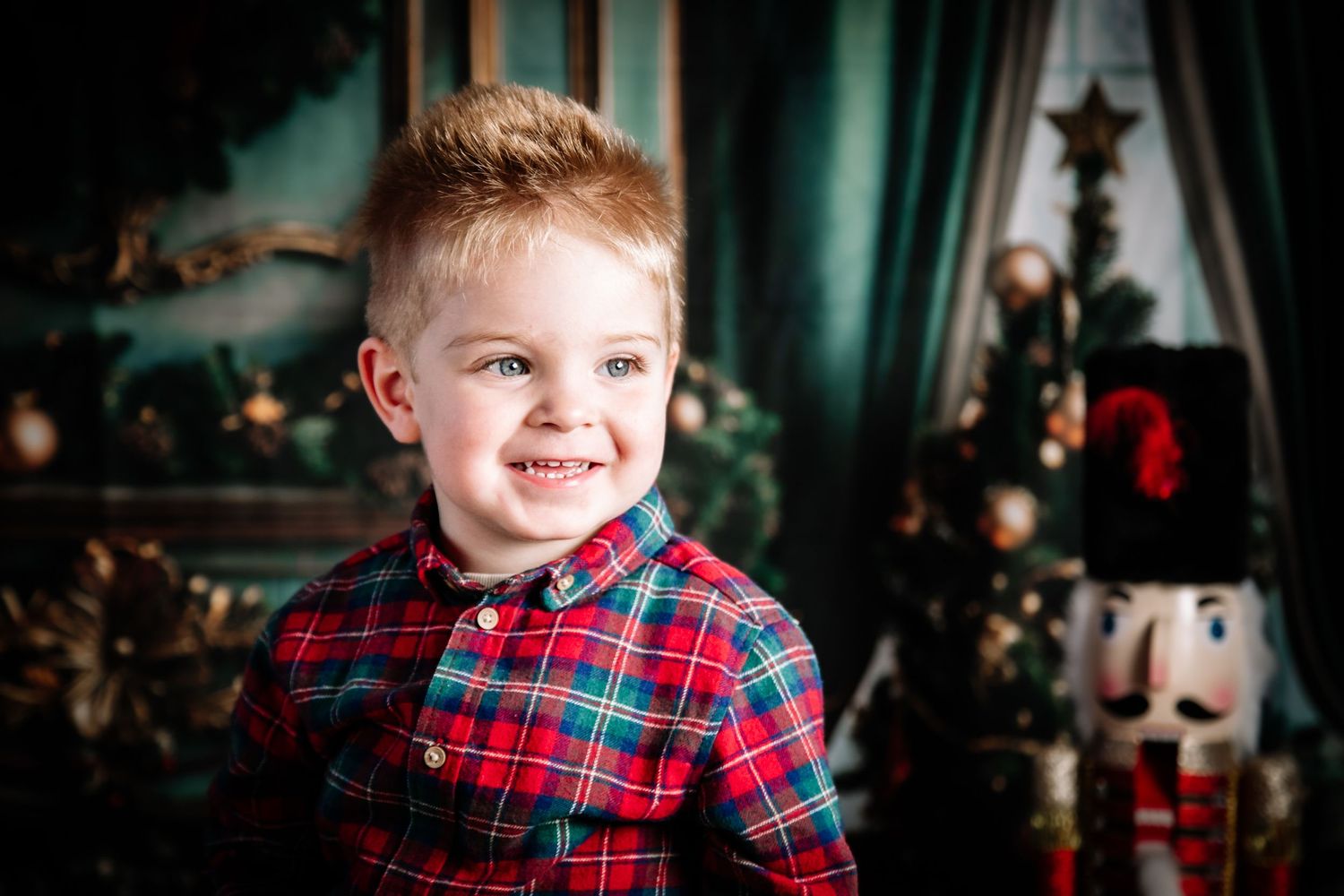 Holiday portrait with a red plaid shirt against a festive decorative background and Christmas tree.