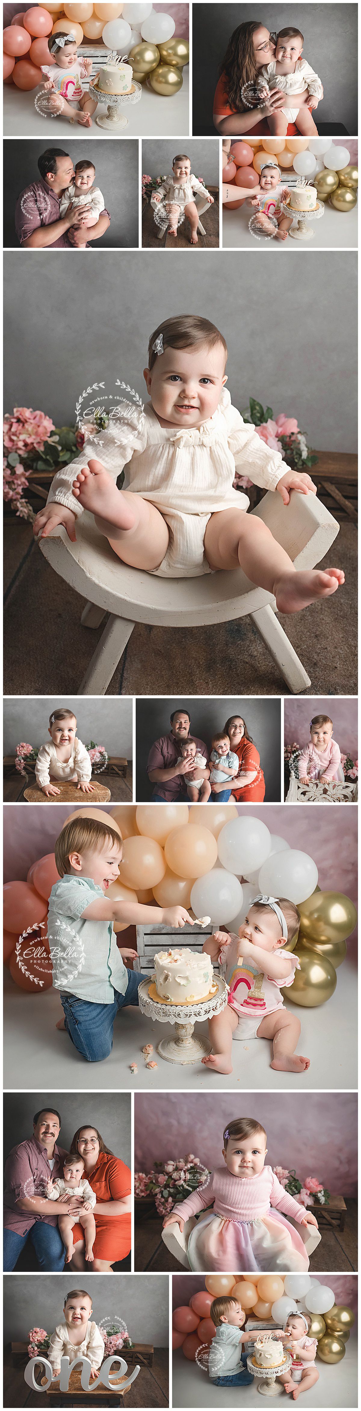 First birthday photo session with pink and gold balloon decor, cake smash setup, and family portraits in soft vintage tones.