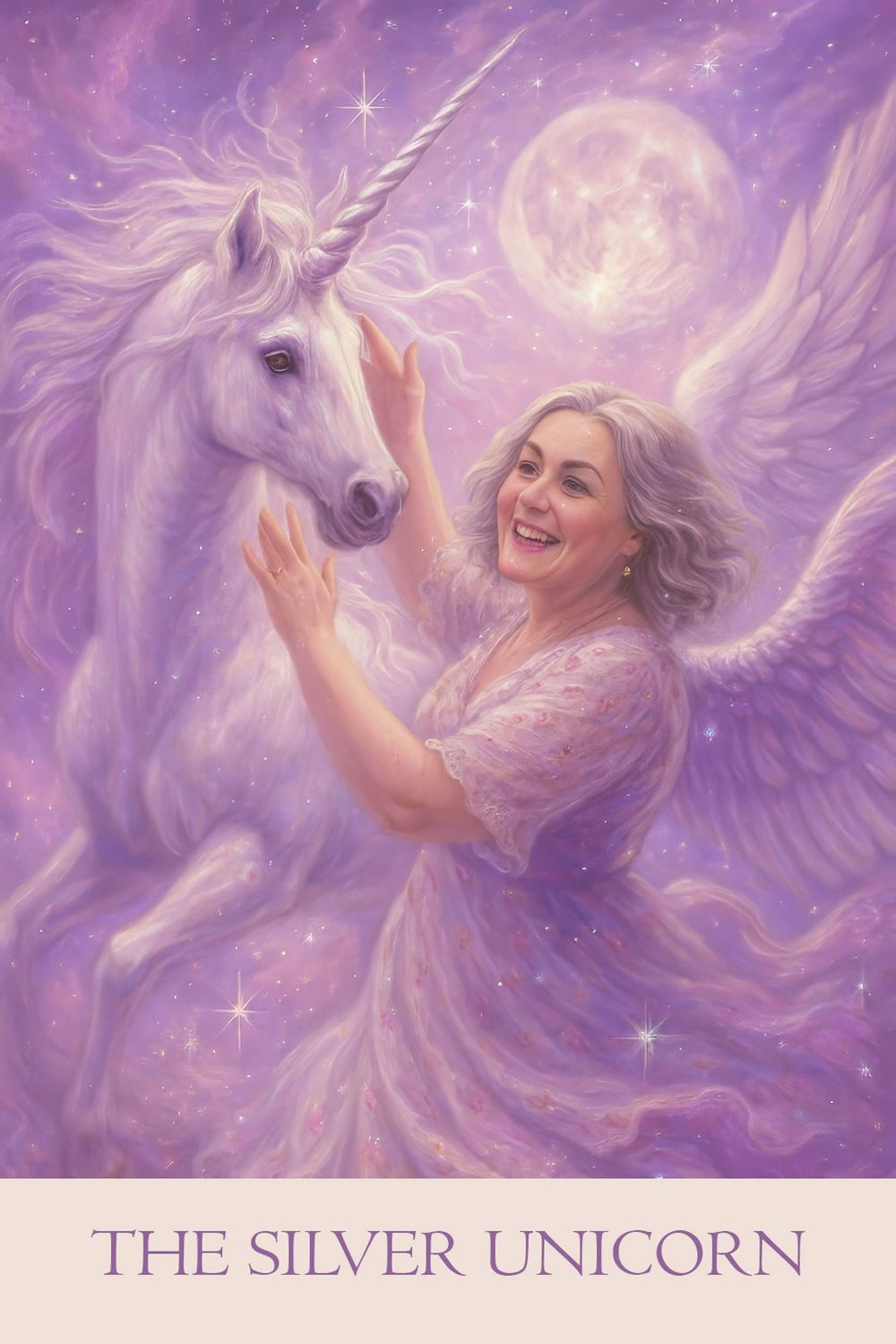 Fantasy artwork titled The Silver Unicorn showing a magical scene with a white unicorn, angel wings, and full moon in purple tones.
