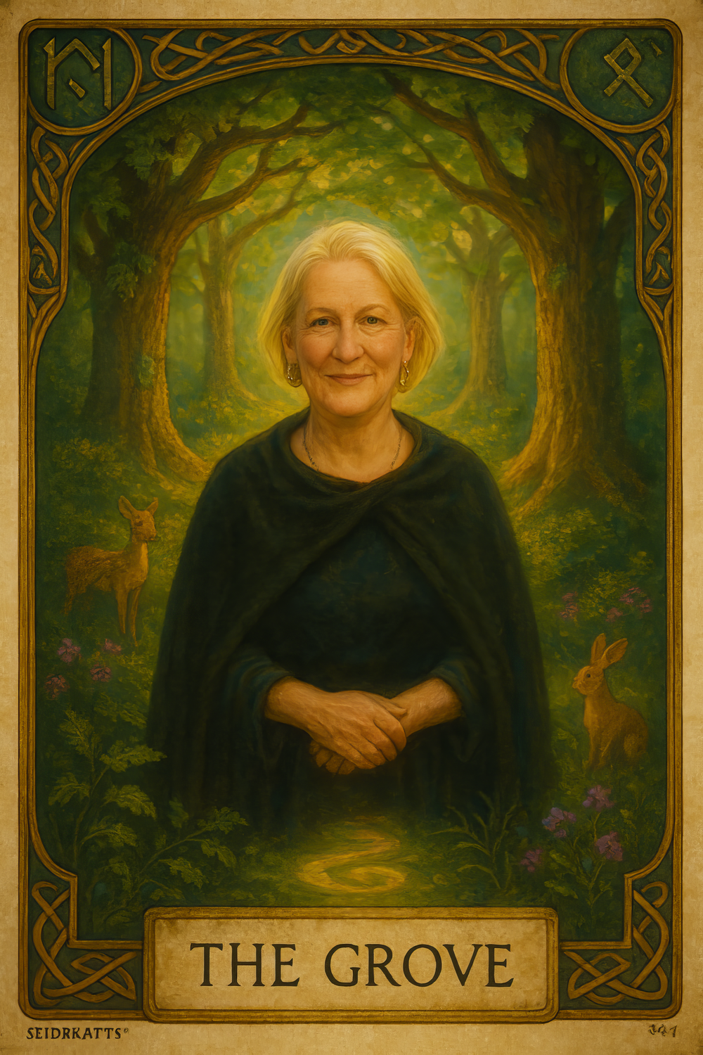 A set of vintage fantasy book cover illustrations with Celtic-inspired borders showing woodland scenes in emerald greens.