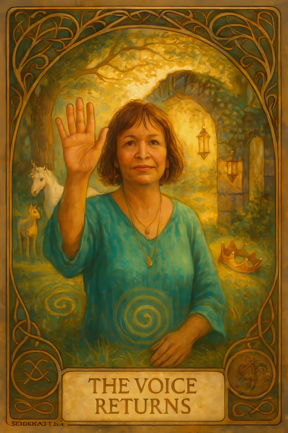 Mystical illustration in Art Nouveau style depicting a figure in turquoise raising their hand against a golden background.