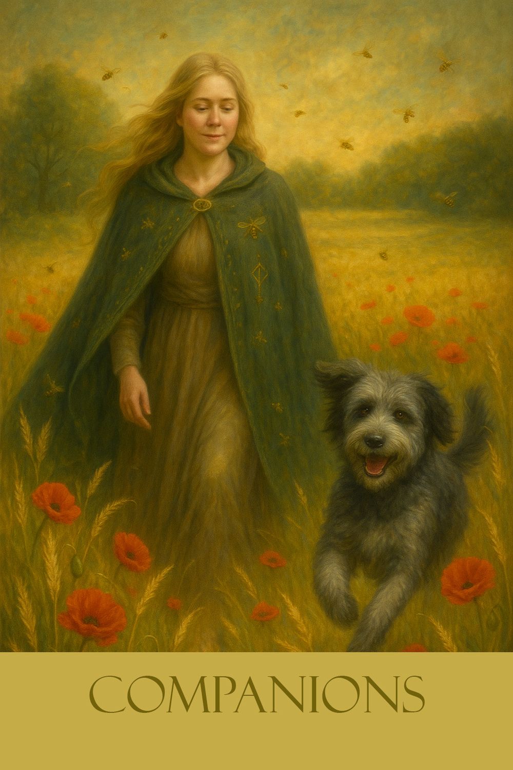 A serene painting depicts a figure in a green cloak walking through a poppy field with a scruffy gray dog companion.