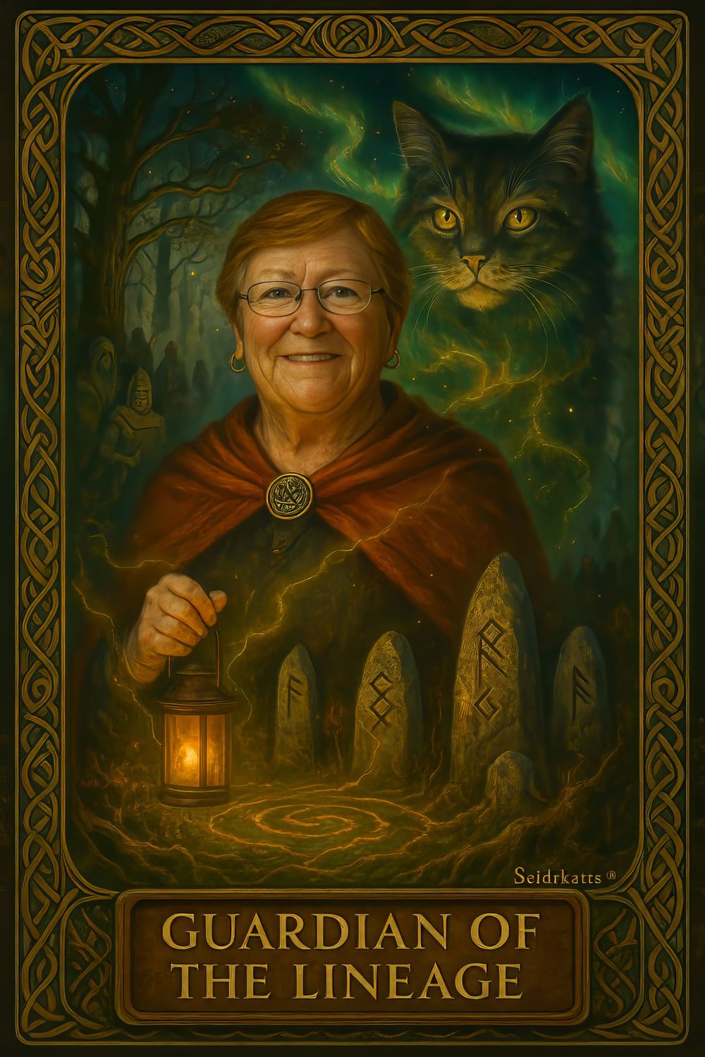 Fantasy artwork portrays a figure in brown cloak holding a lantern with mystical green mist and watchful cat in background.