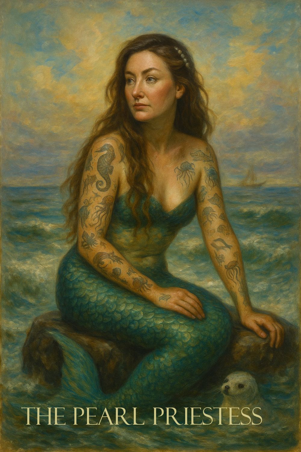 A mermaid with dark hair and tattoos reaches out to a seal against a dramatic ocean backdrop with stormy skies.