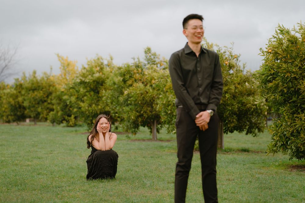 Two people enjoying a playful moment together in an orchard with lush green grass and fruit trees.