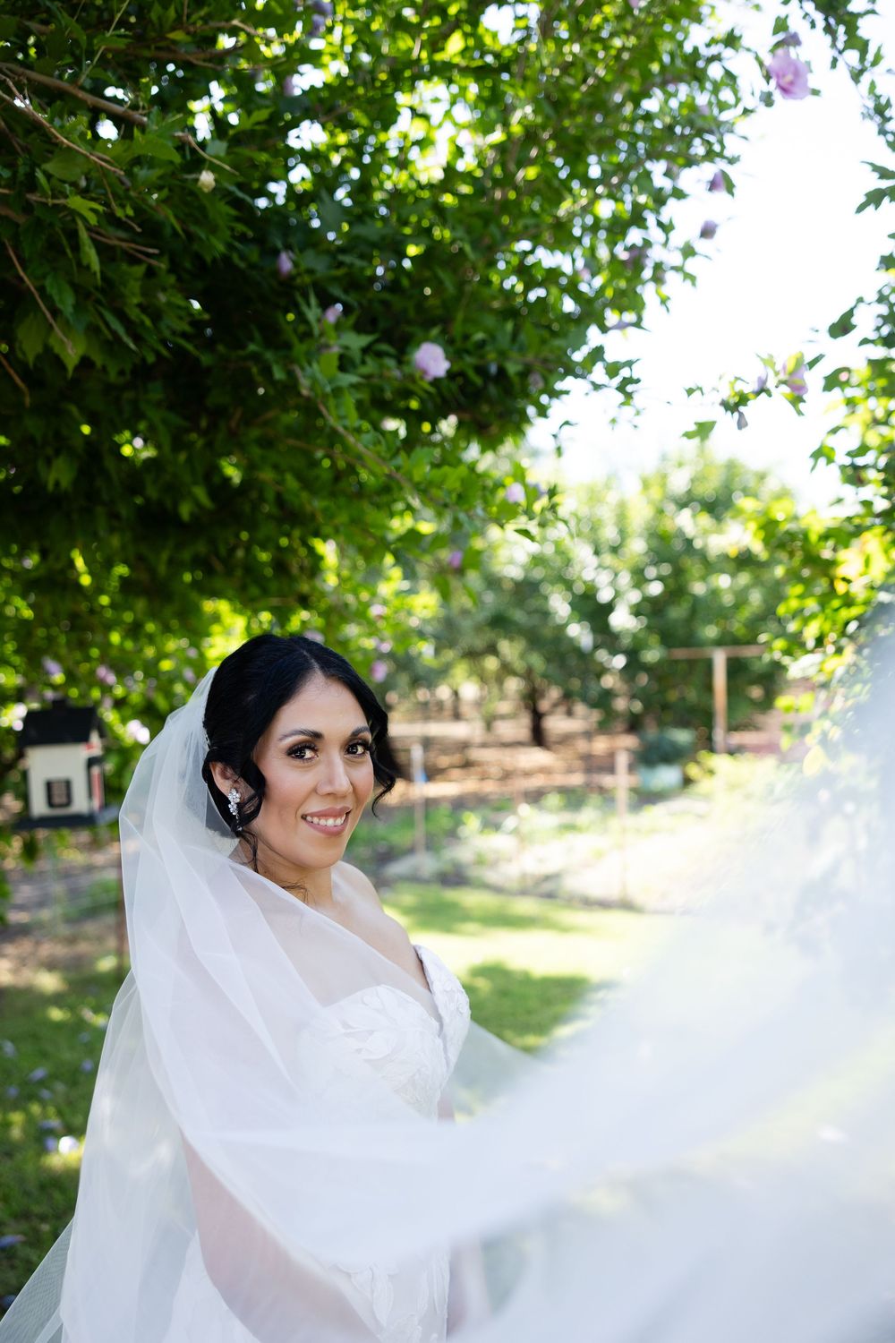 A bride in white dress and veil poses in a garden setting with natural light.