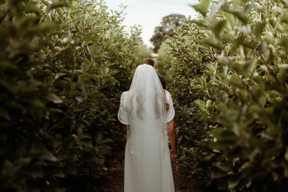 A person in a long white veil standing in a lush green garden pathway on their wedding day.