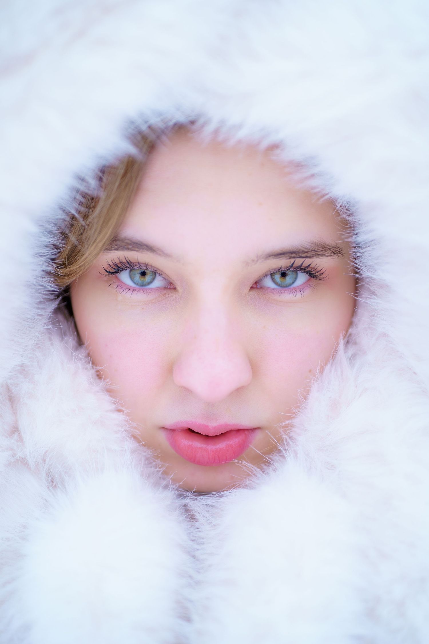 A close-up portrait framed by soft white fur shows bright blue eyes and pink lips peering through.