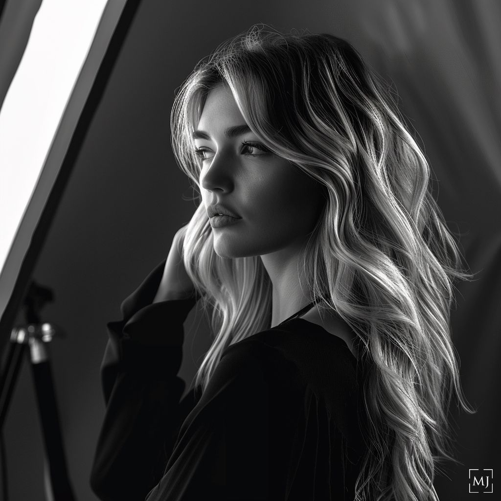 Moody black and white fashion portrait with soft side lighting.