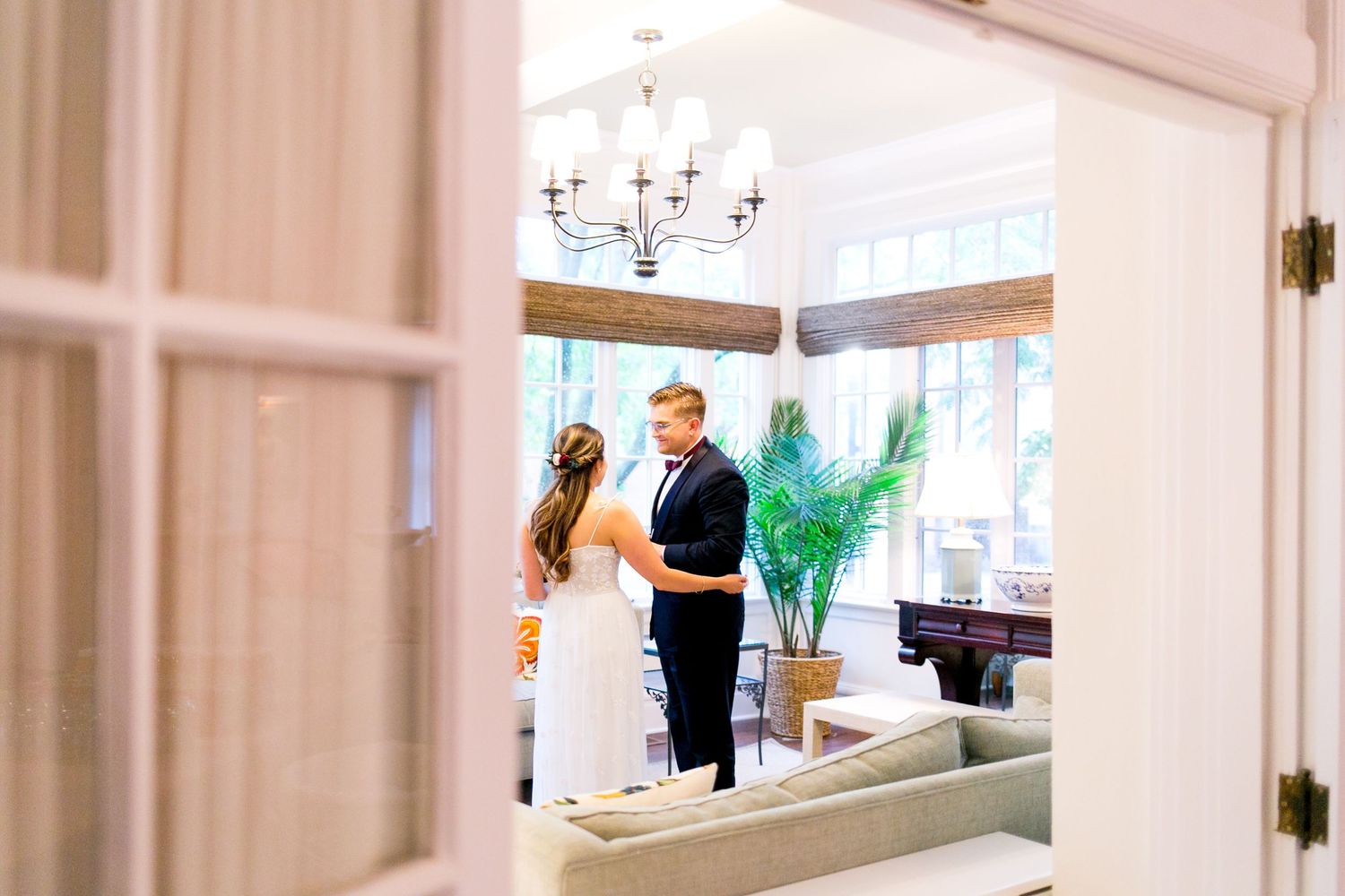 bride and groom at the Woman's Club of Evanston see each other for the first time on their wedding day