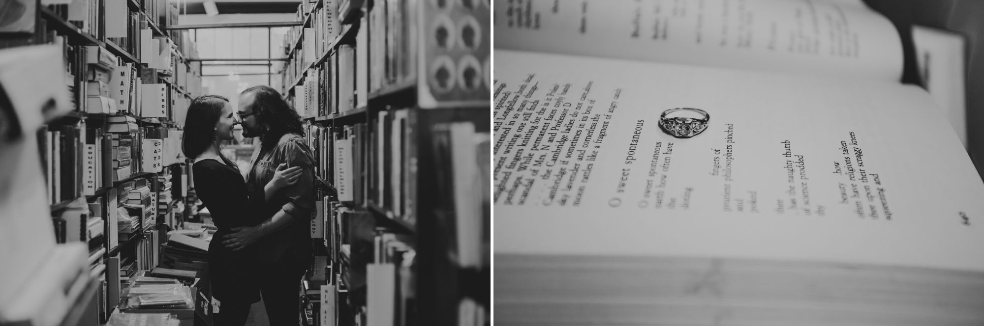 Black and white photo of couple embracing between bookshelves and an engagement ring sitting on an open book.
