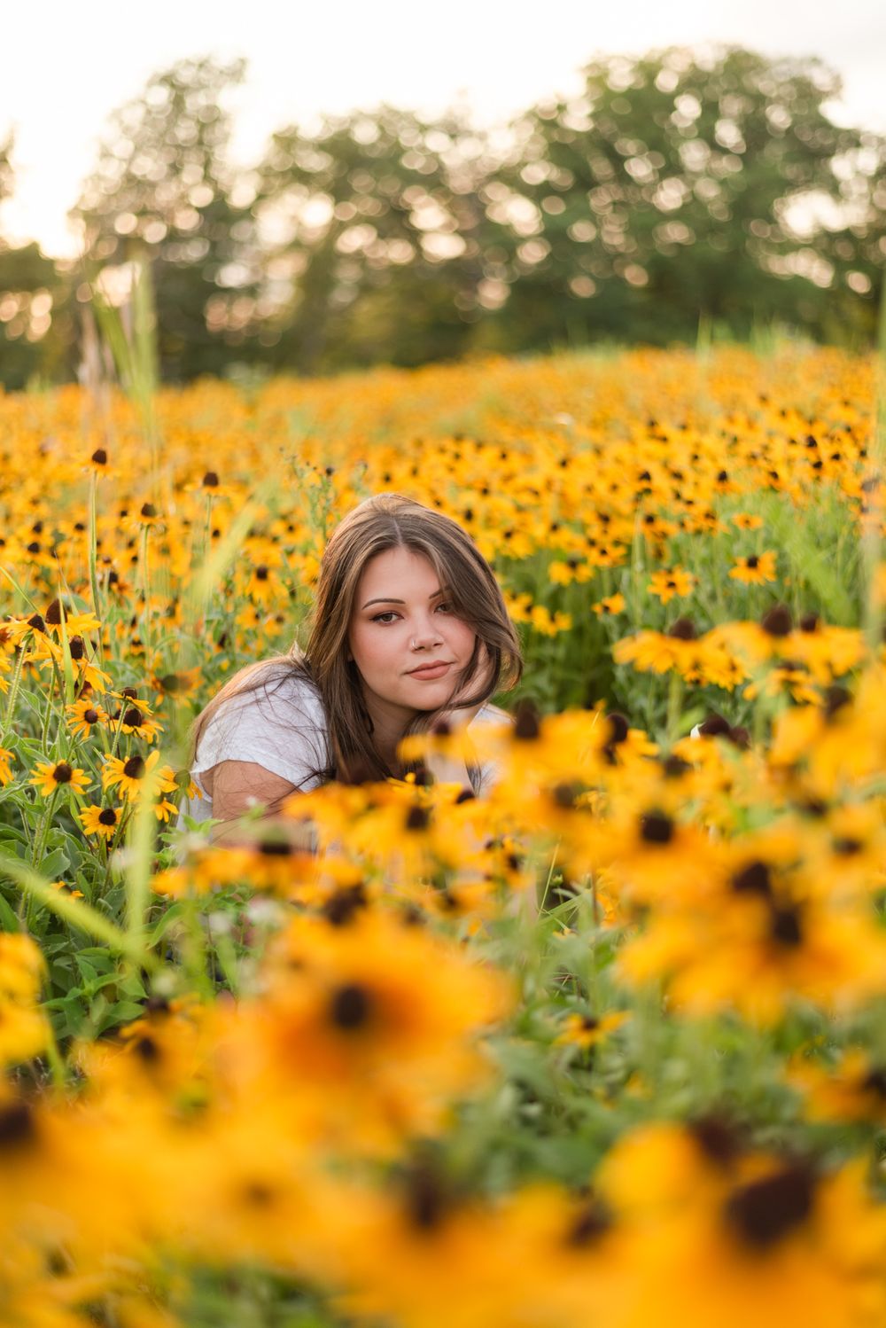 Girl sitting in sunflower patch in golden sunlight at Hartwood Acres in Pittsburgh Pennsylvania