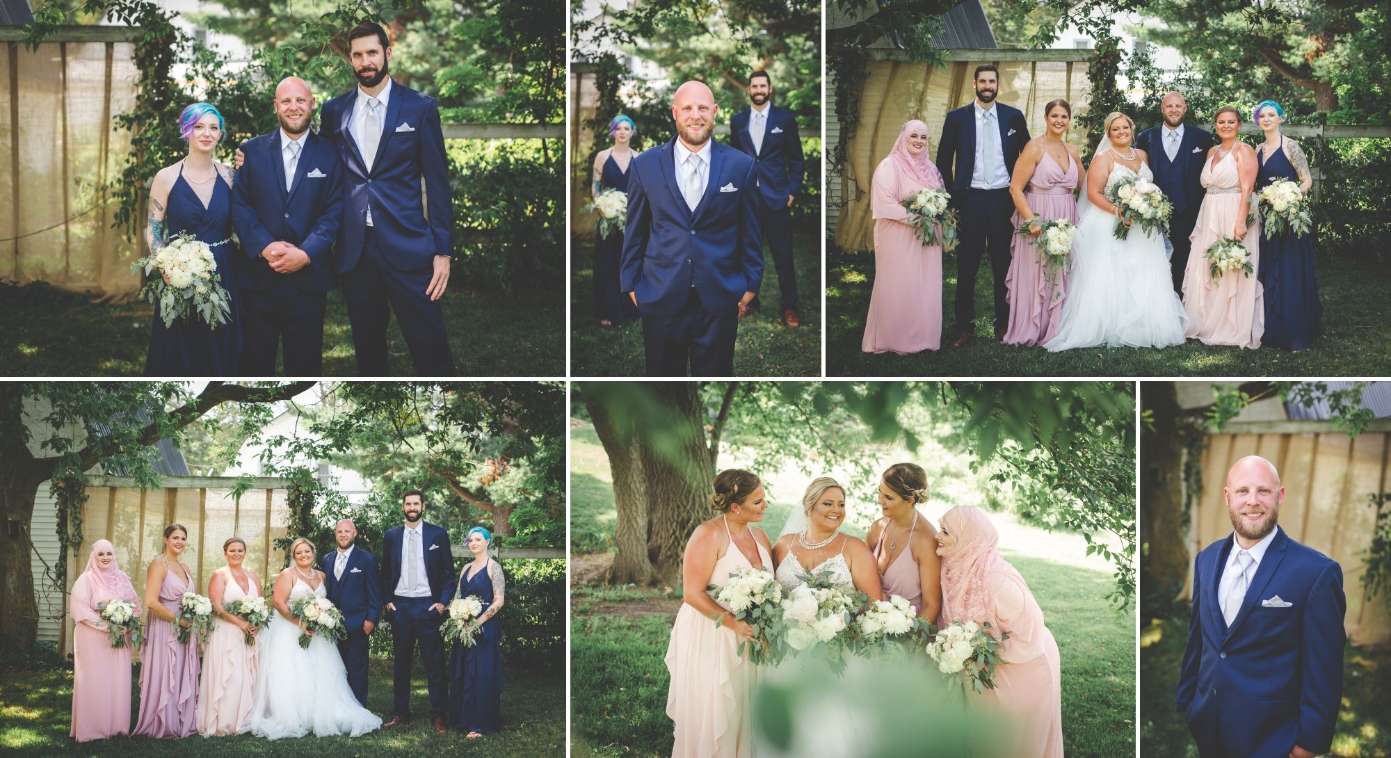 Collage of wedding party. The men have navy suits and the women have pink or lavender dresses.