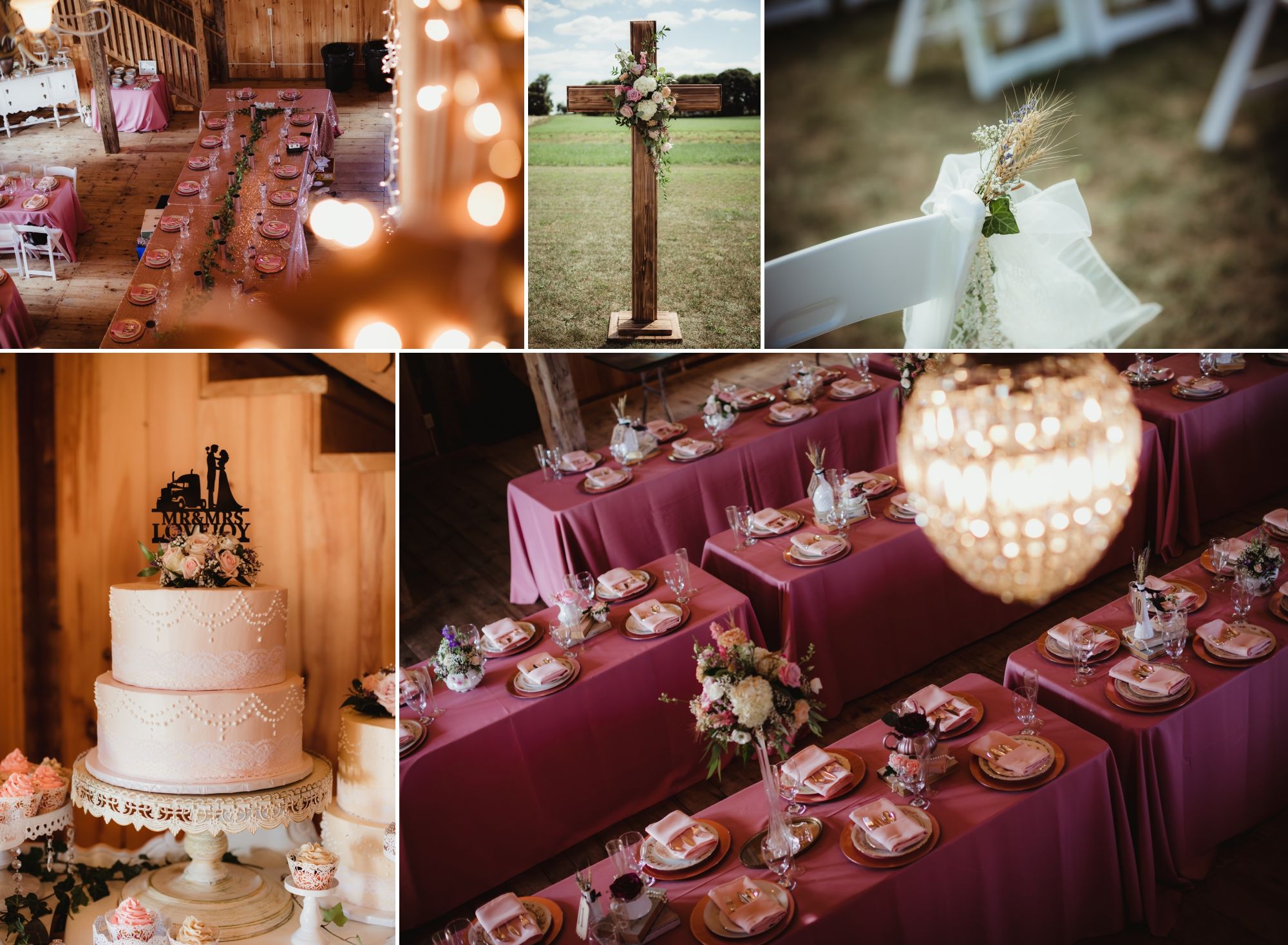 Photos of the wedding table settings, wedding cake with custom semi topper, large wooden cross, and wheat tied to chairs