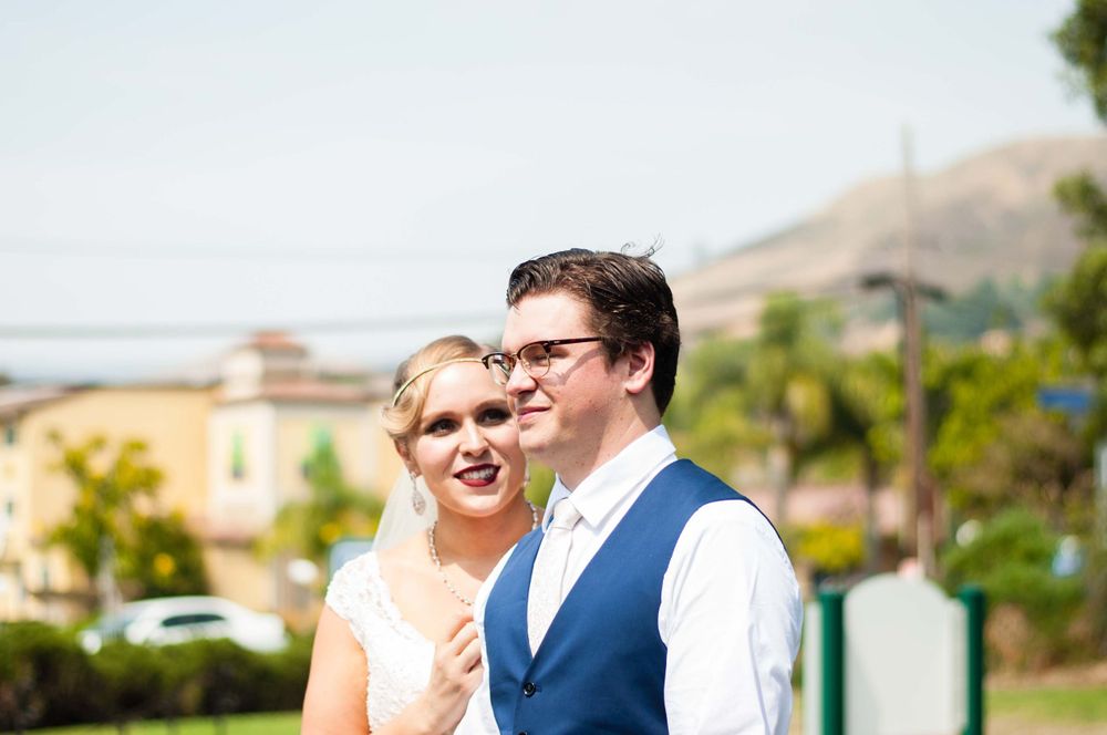 Bride and groom having first look at Monday Club in San Luis Obispo