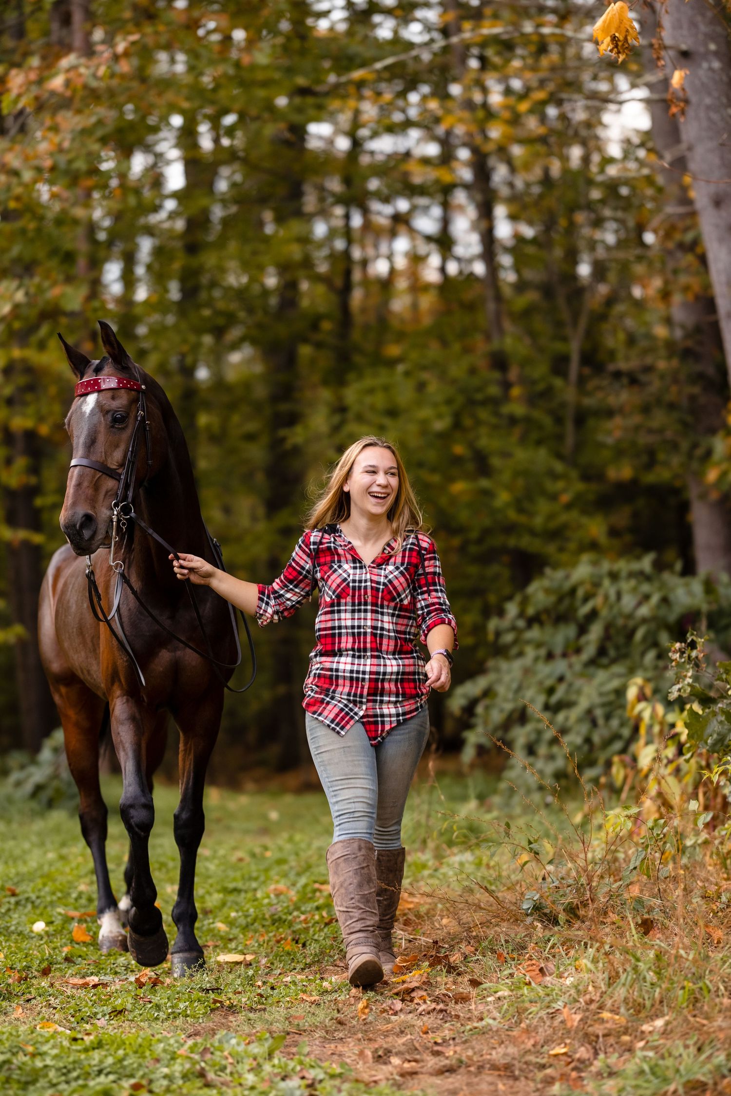 horse and rider portrait session candid laughing flannel