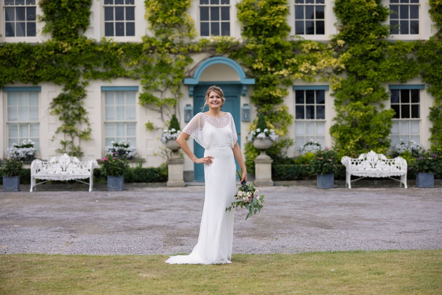Gileston Manor Bride in front of the manor house