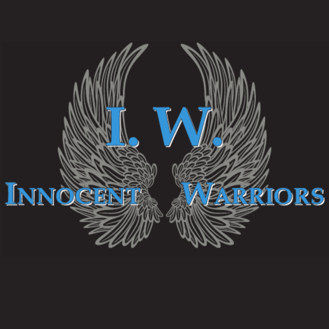Dark logo with gray wings and blue text reading 'I.W. Innocent Warriors'.