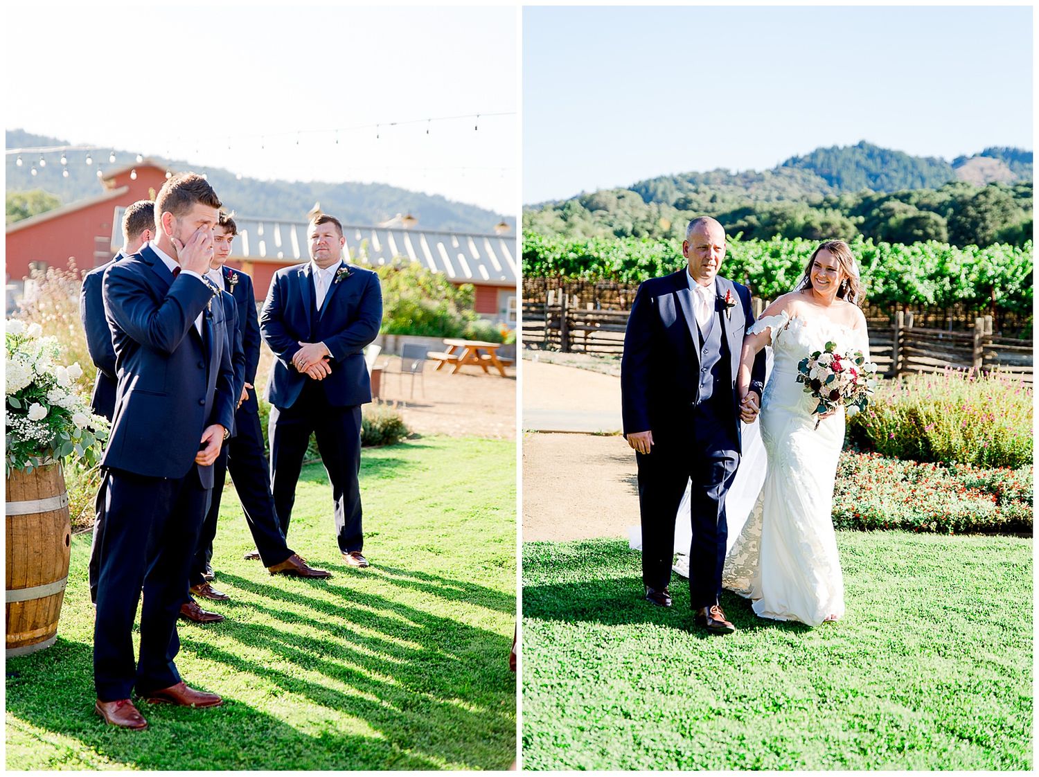 groom in navy suit crying as he sees bride and father walking down the aisle at Pennyroyal Farm