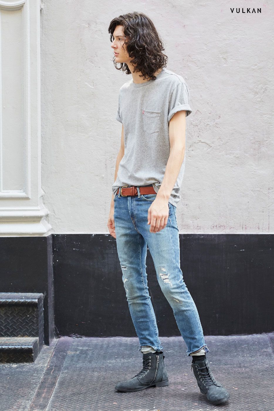 Model Ty Samatowic long dark hair Levi's 510 denim jeans Wilhelmina Models Levi's Denim Editorial Vulkan Magazine