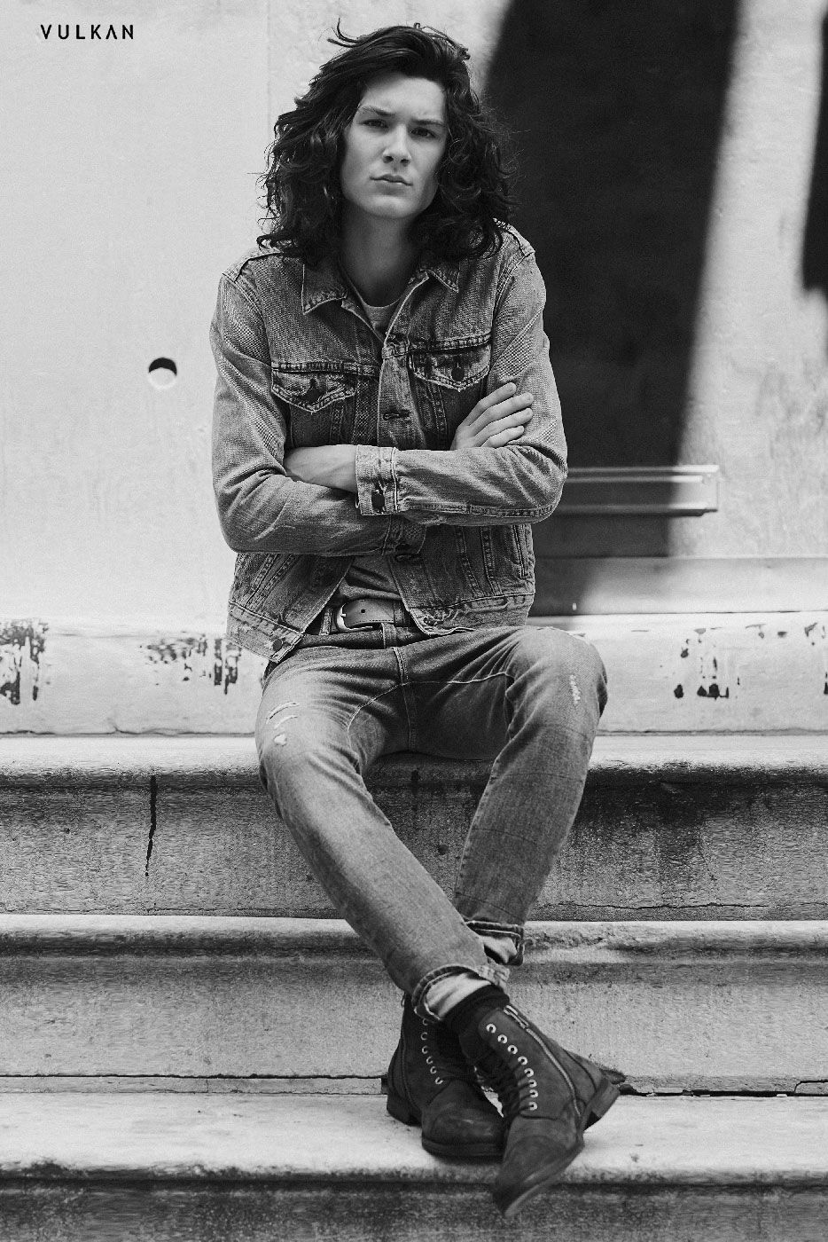 Model Ty Samatowic long dark hair Wilhelmina Models Levi's Denim Editorial Vulkan Magazine in Soho Manhattan.