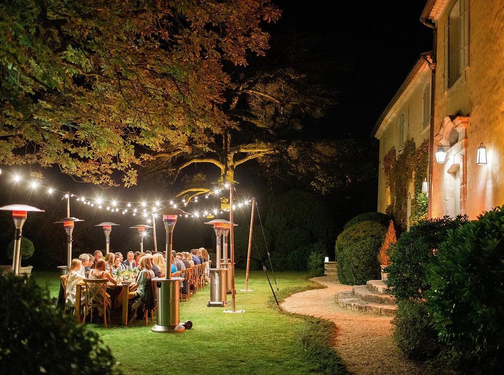 Welcome dinner at La Bastide de Ganay, Provence: a beautifully set table with delicious food and wine.