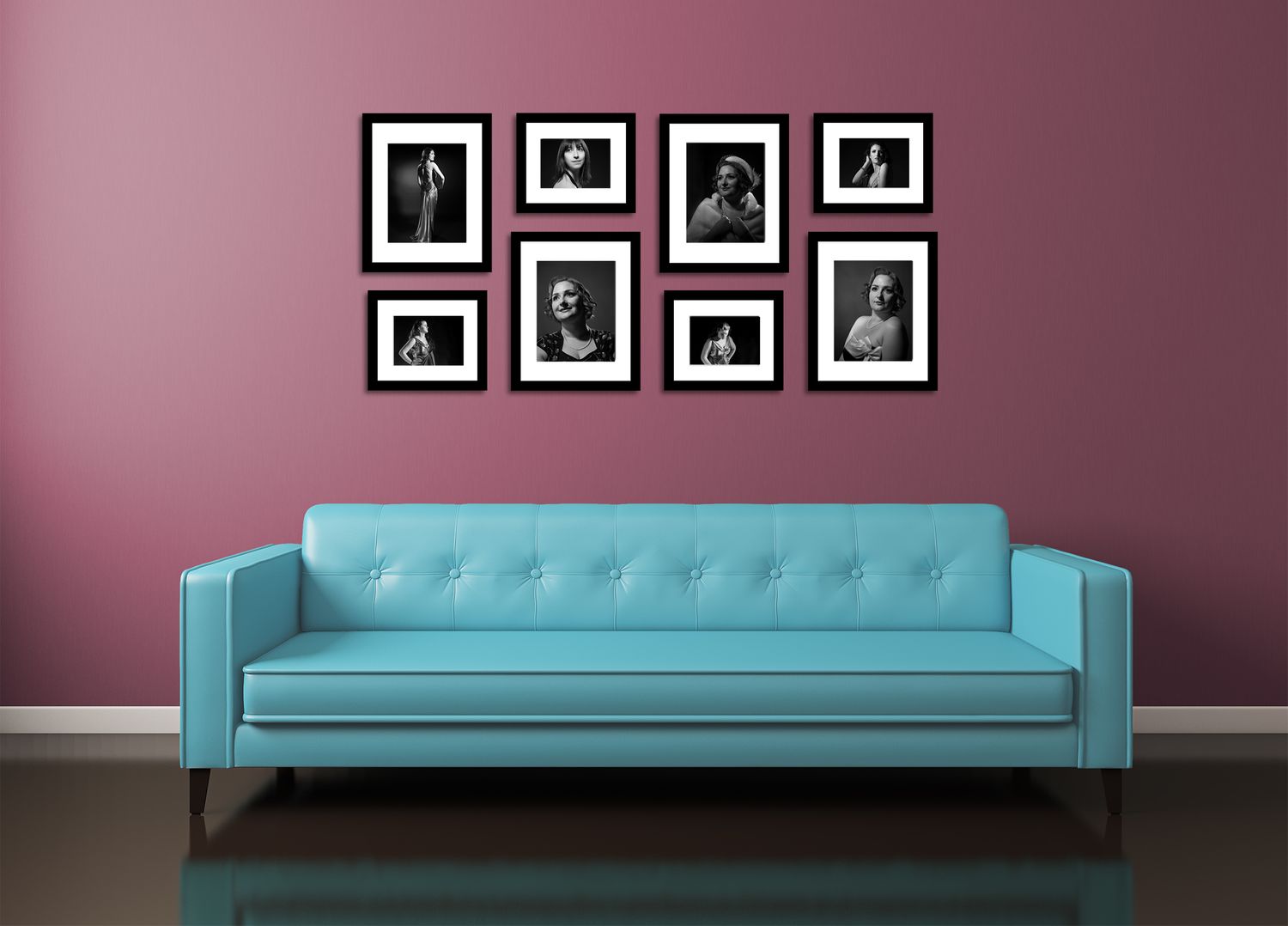 A collection of 8 framed retro prints hanging above the couch. This could be your wall after a studio session.