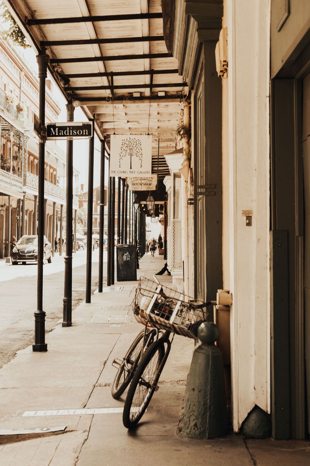 bike leaning up against a wall on a side street in the French Quarter