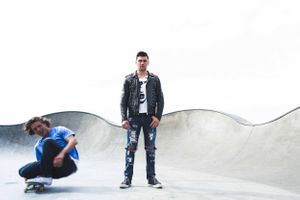 Actor Christian James Diesel Leather Biker Jacket Converse Venice Skate Park California James Dean Tom Ryen Skate Board