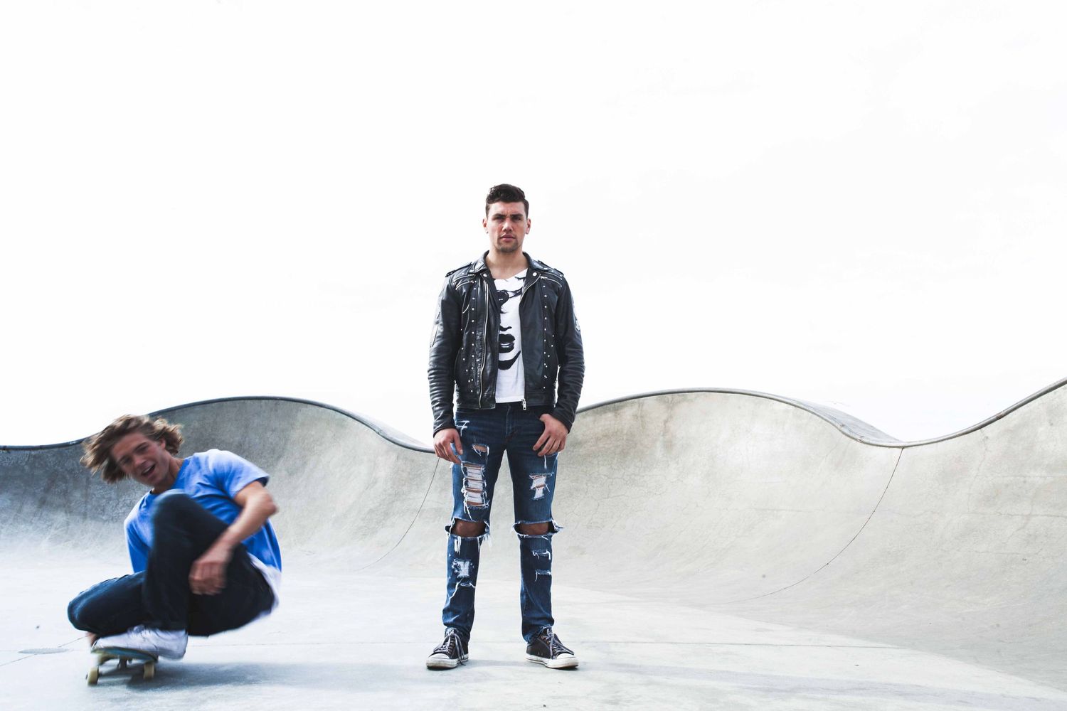 Actor Christian James Diesel Leather Biker Jacket Converse Venice Skate Park California James Dean Tom Ryen Skate Board