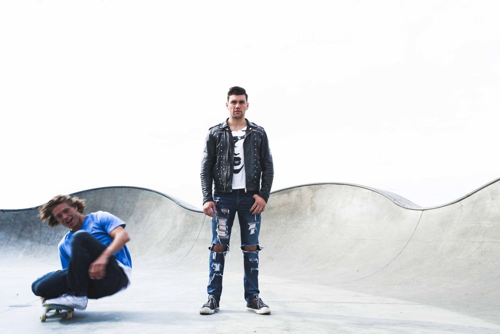 Actor Christian James Diesel Leather Biker Jacket Converse Venice Skate Park California James Dean Tom Ryen Skate Board