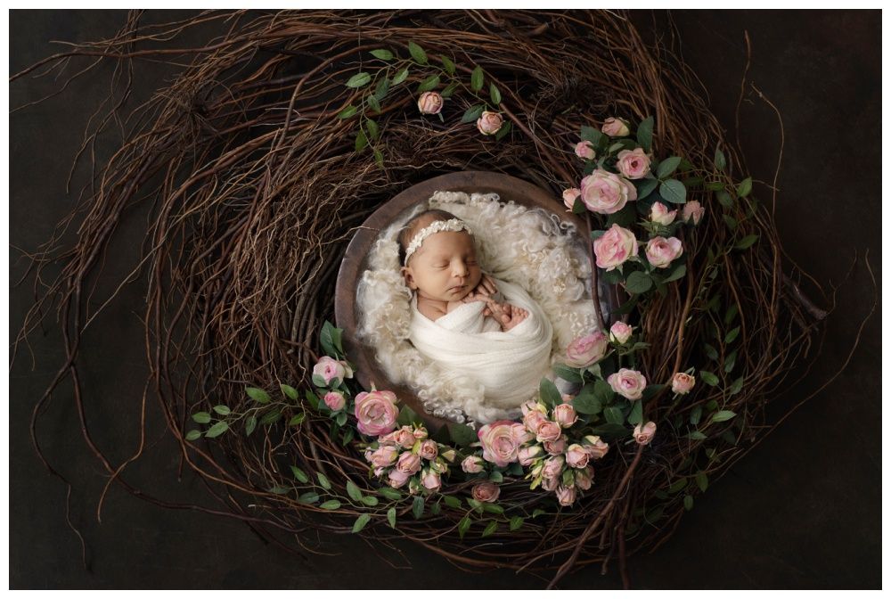 austin newborn photographer low key baby in rose wreath portrait by Austin Newborn Photography