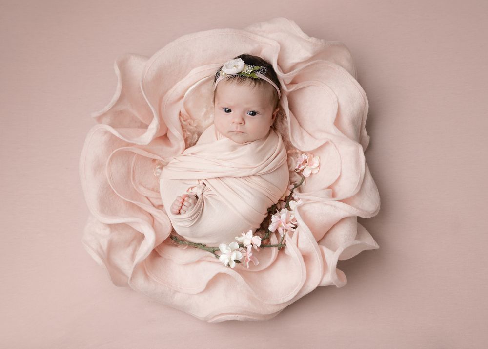 austin newborn photographer beautiful baby girl newborn in pink felt flower by austin newborn photography