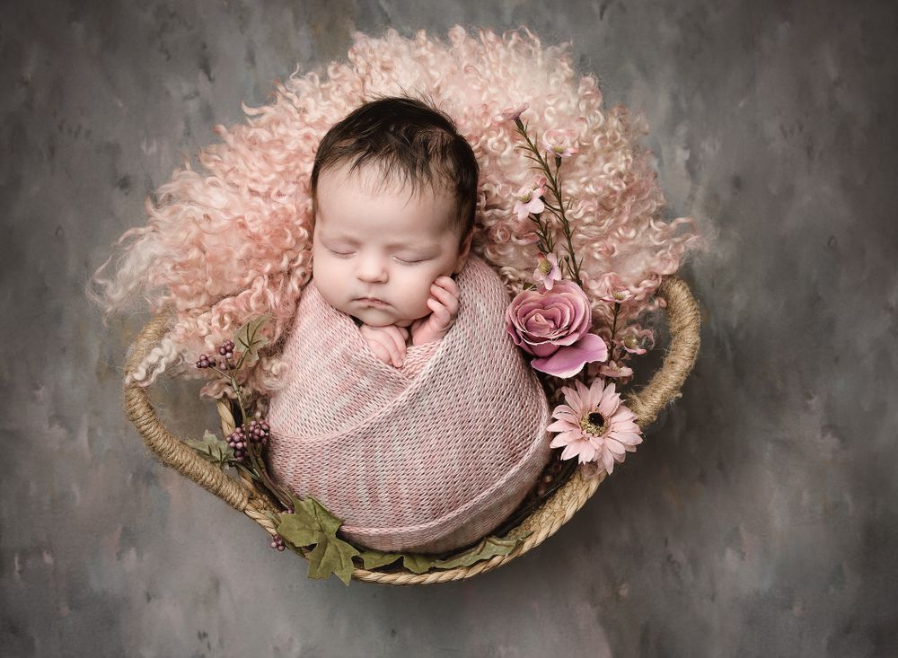 austin newborn photographer beautiful baby girl newborn in pink floral basket by Austin Newborn Photography