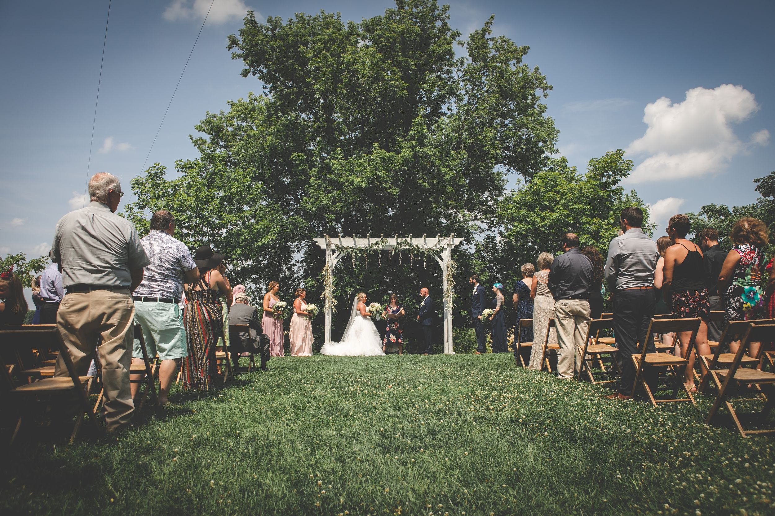 Wide shot of guests standing at wedding ceremony, bride and groom are under an arch in front of large tree and blue sky.