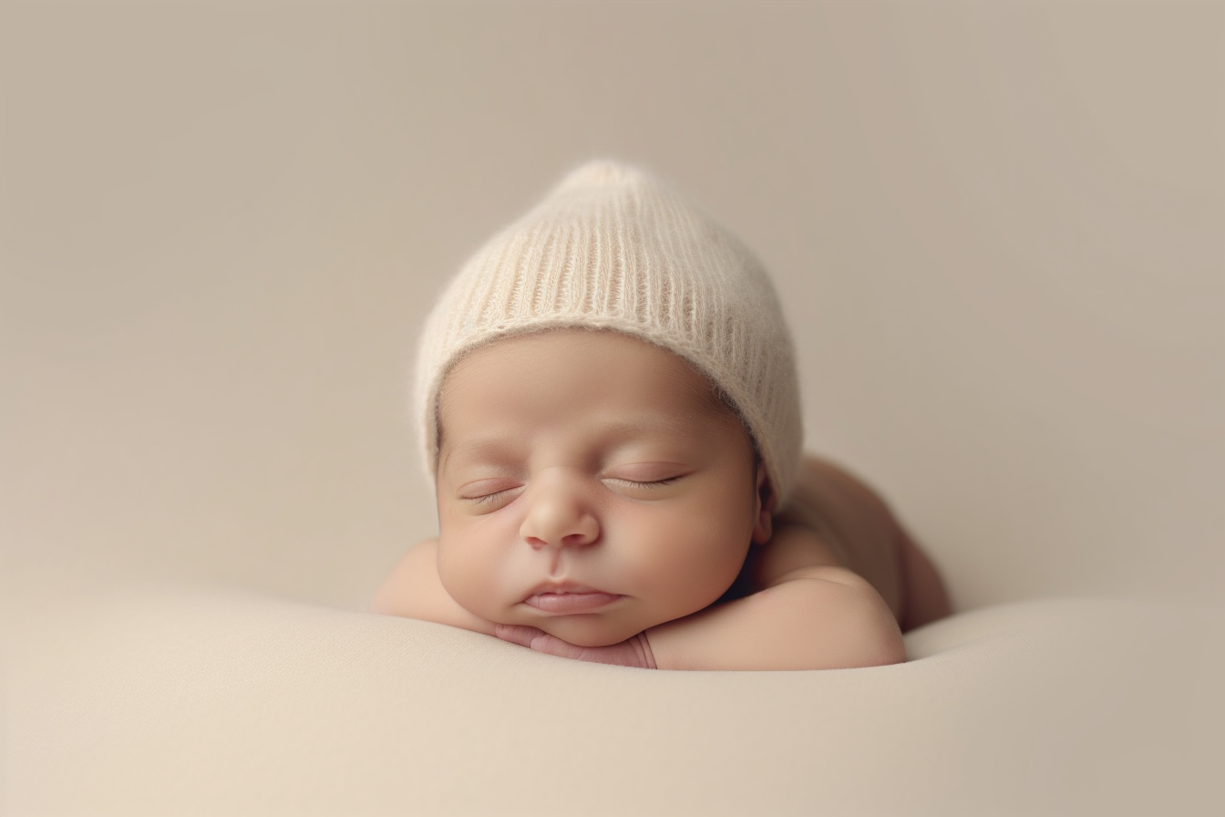 Sleeping newborn wearing cream knit hat on beige backdrop.