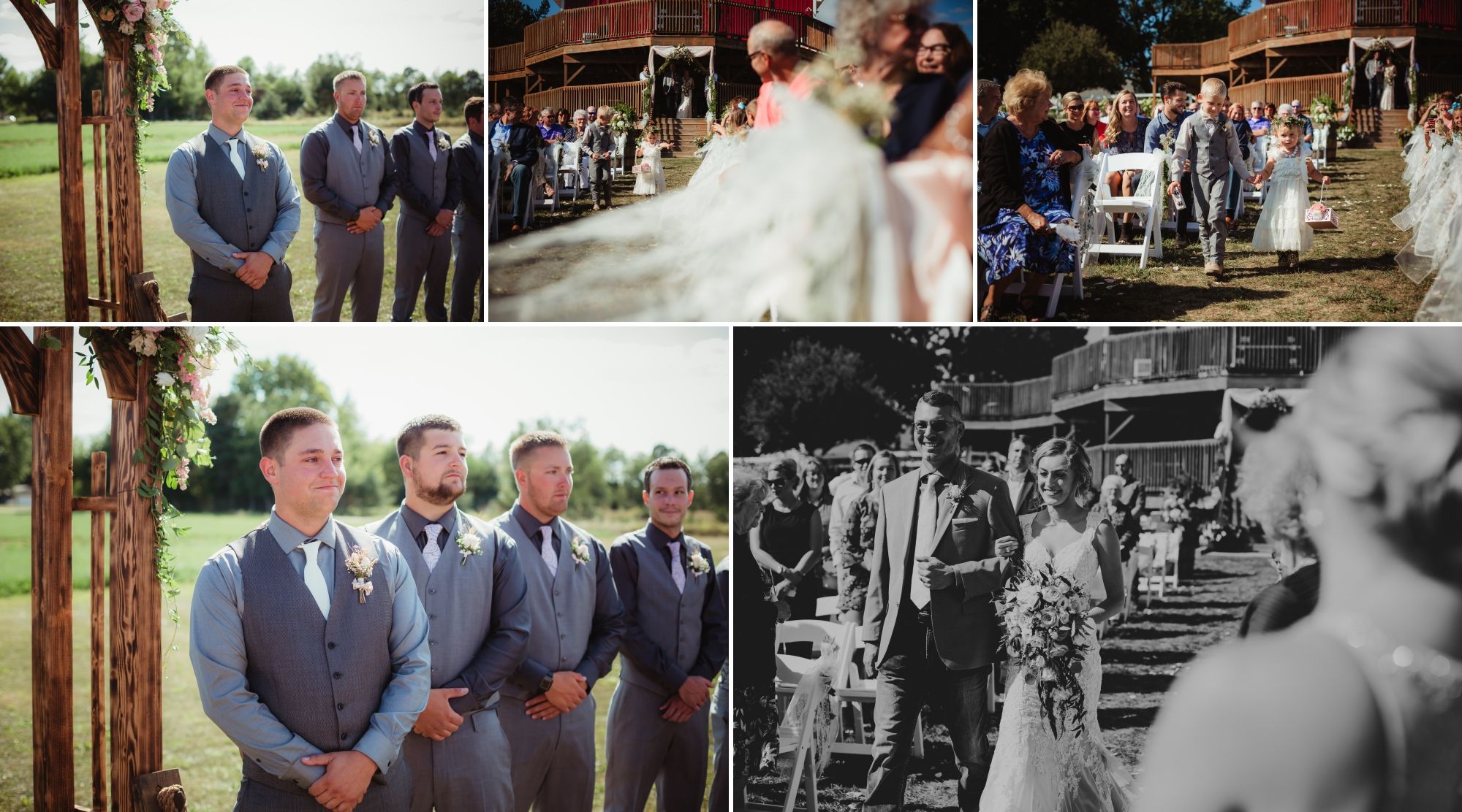 Collage of the flower girl and ring bearer, bride walking down the aisle, and the groom seeing her and tearing up.