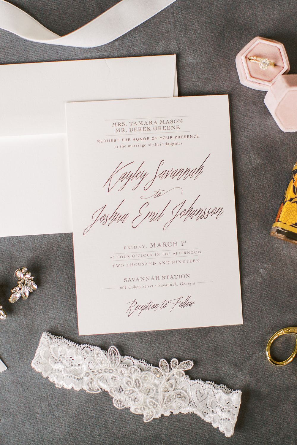 minted wedding invitations styled at the homewood suites in downtown savannah, ga