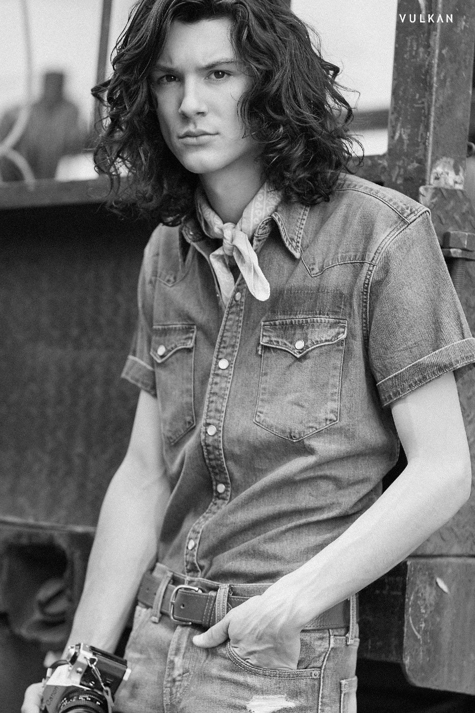 Model Ty Samatowic long dark hair Wilhelmina Models Levi's Denim Editorial Vulkan Magazine in Soho Manhattan.