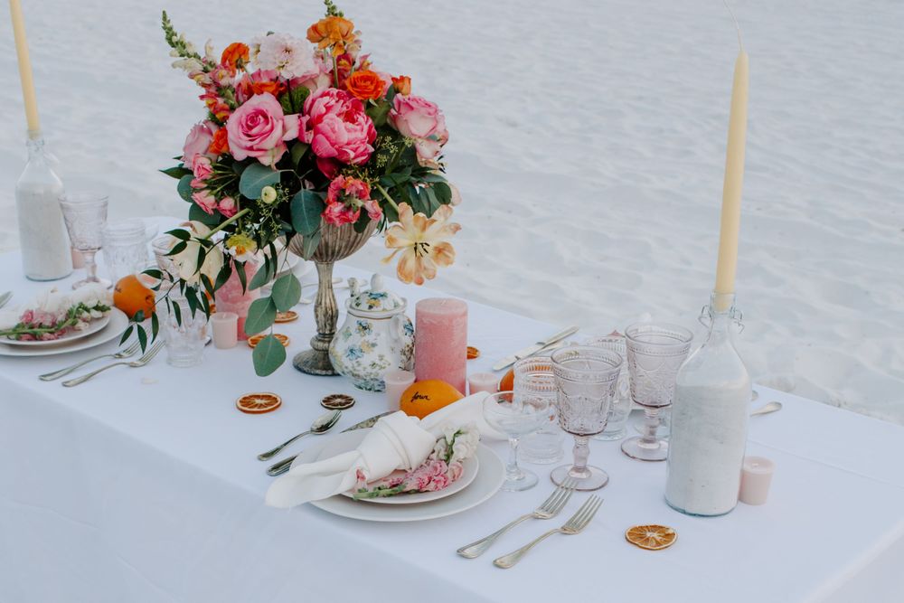 citrus themed wedding couple table