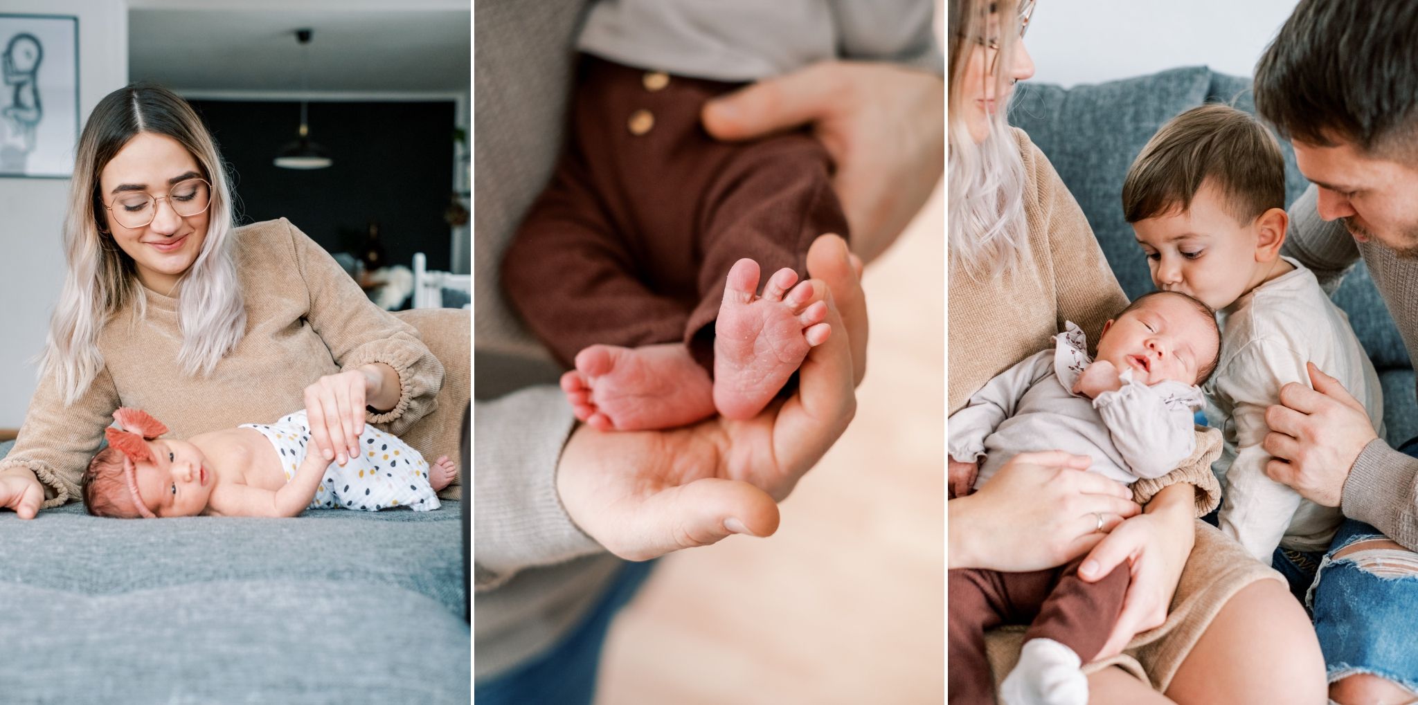 Familie mit Neugeborenem Mädchen zuhause, großer Bruder küsst das Baby