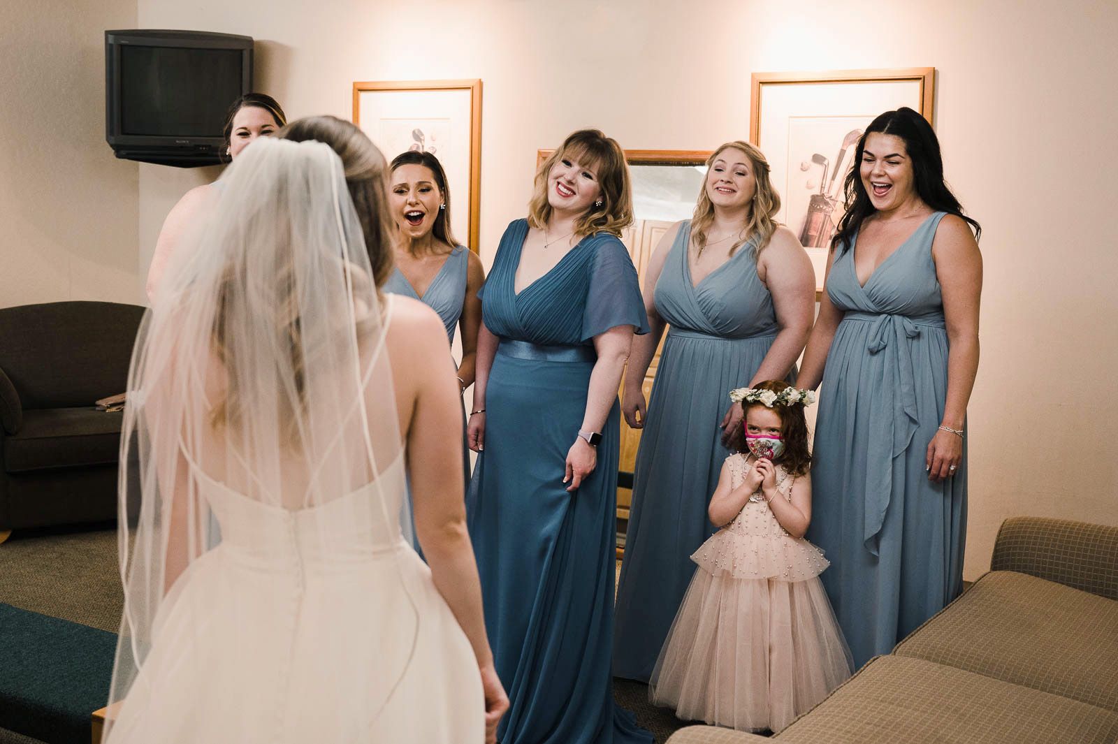 Bridesmaids reaction to brides dress reveal surprise