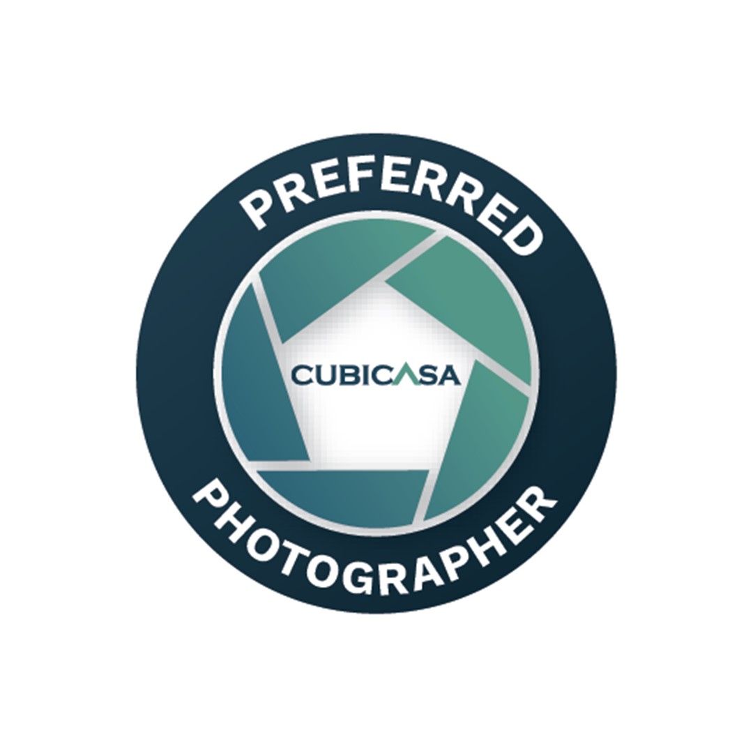 Circular logo design for Cubicasa preferred photographer program in navy and teal colors.