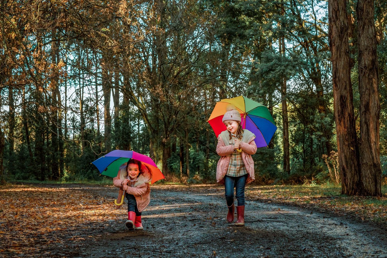 Two girls with rainbow umbrellas on a winter day in Melbourne