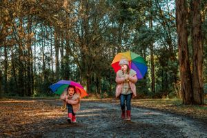 Two girls with rainbow umbrellas on a winter day in Melbourne