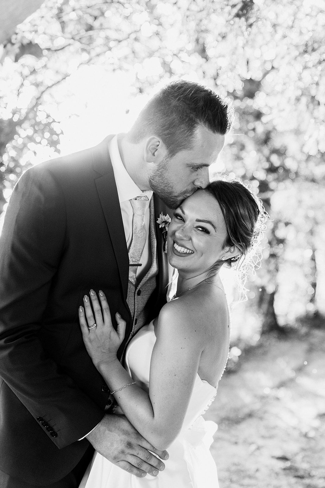 black and white photo of bride and groom