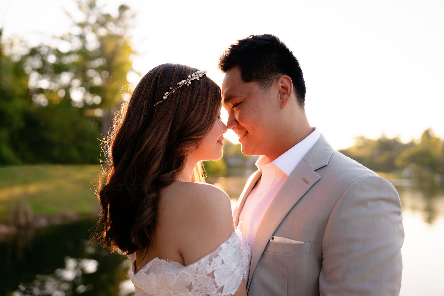 Young Asian Groom and Bride at Golden Hour Airbnb Wedding in Punderson State Park in Newbury Township, Ohio