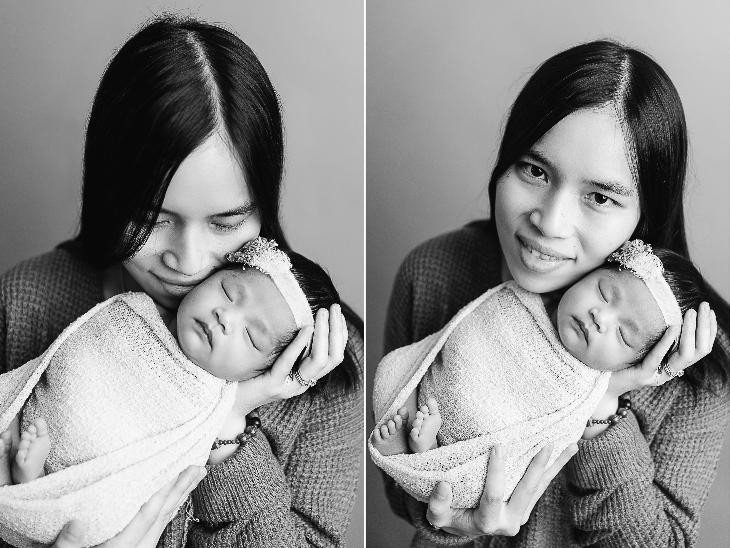 mother cuddling sleeping newborn baby girl black and white image